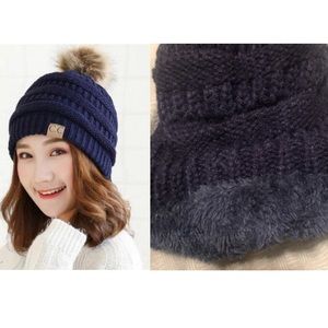 New C.C Pom Pom Navy lined wool knit beanie cc